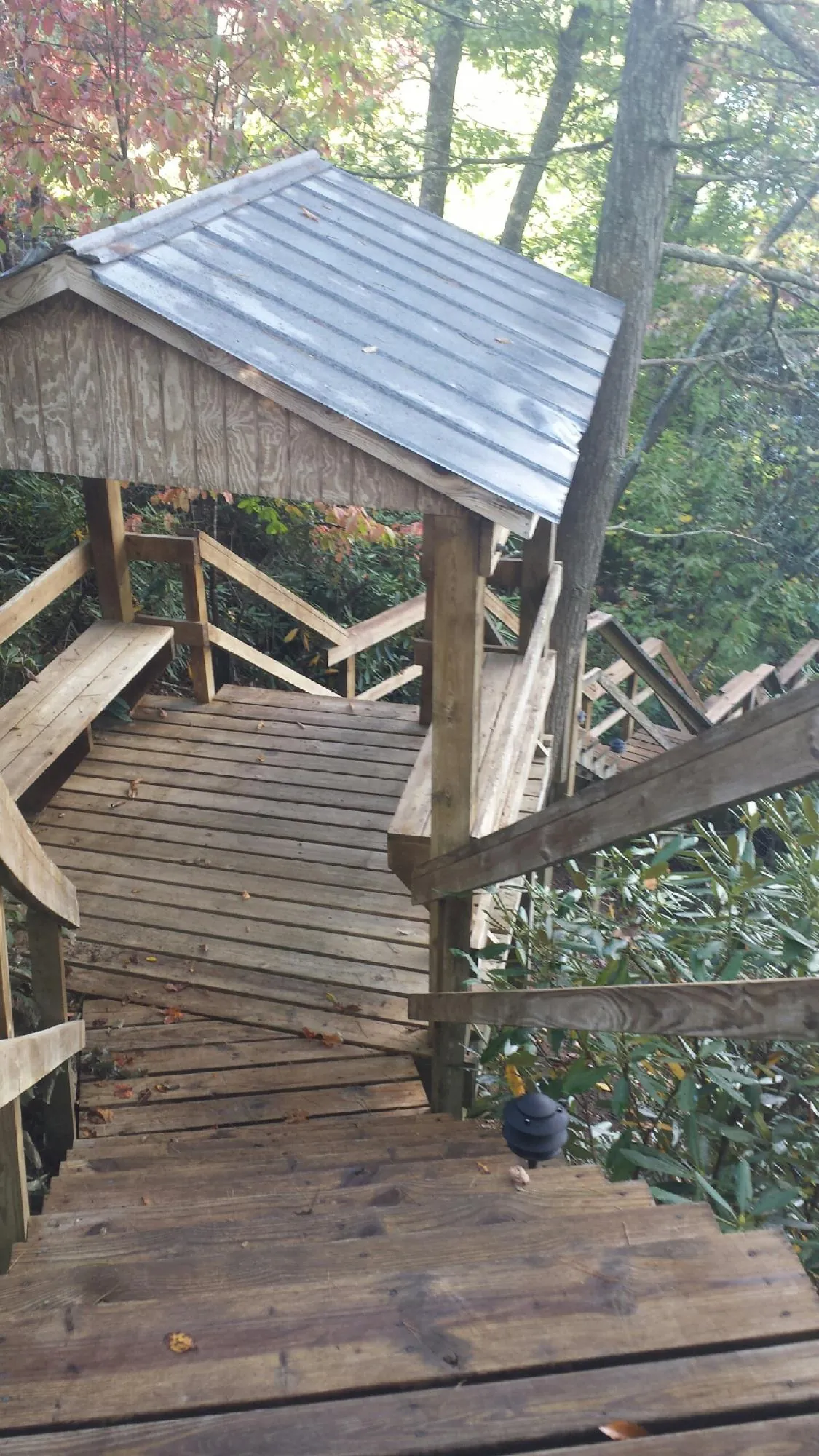 Metal roofed shelter over wooden steps on a wooded walkway — Skylight Repair & Installation work by our crew in Demotte